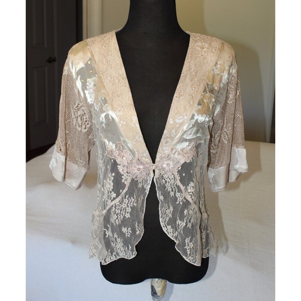 Vtg Spencer Alexis Floral Boho Kimono Size P/M Sheer Lace Golden cardigan Y2K